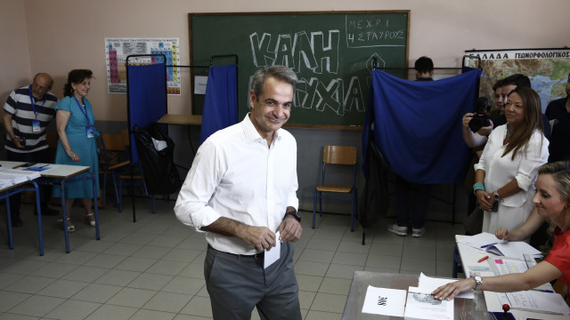 Greek Prime Minister Kyriakos Mitsotakis arrives to cast his ballot during the European Parliament elections in Athens, Greece, 09 June 2024